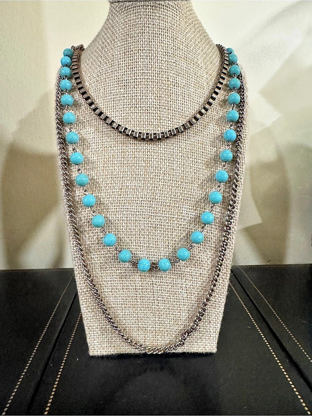 ALDO Layered Beaded Chain Necklace in Gold & Blue Like New